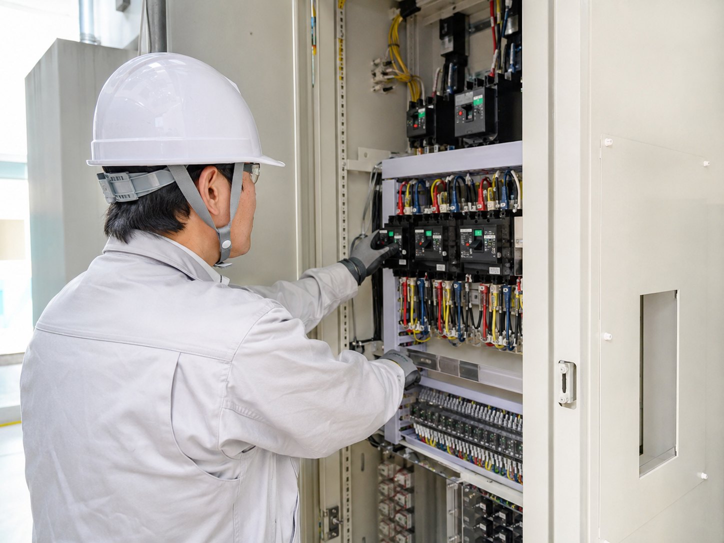 技術者が配電盤を点検している施工イメージ